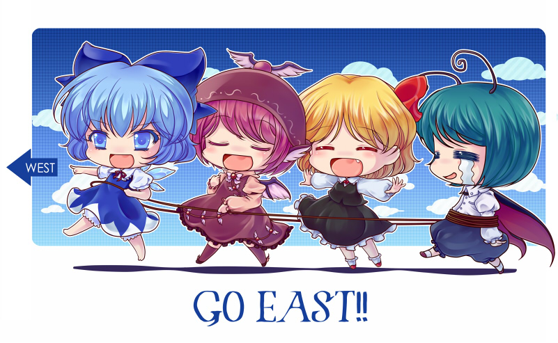 cirno, rumia, mystia lorelei, and wriggle nightbug (touhou) drawn by iris_anemone