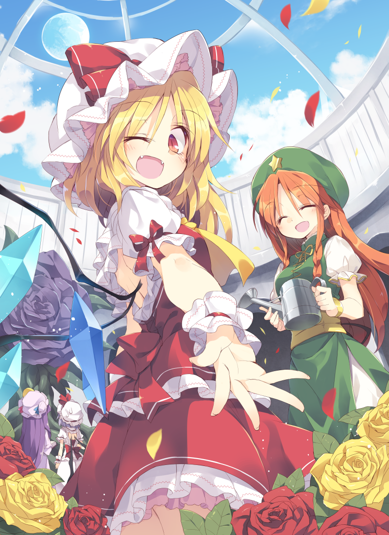 remilia scarlet, flandre scarlet, patchouli knowledge, and hong meiling (touhou) drawn by satou_kibi