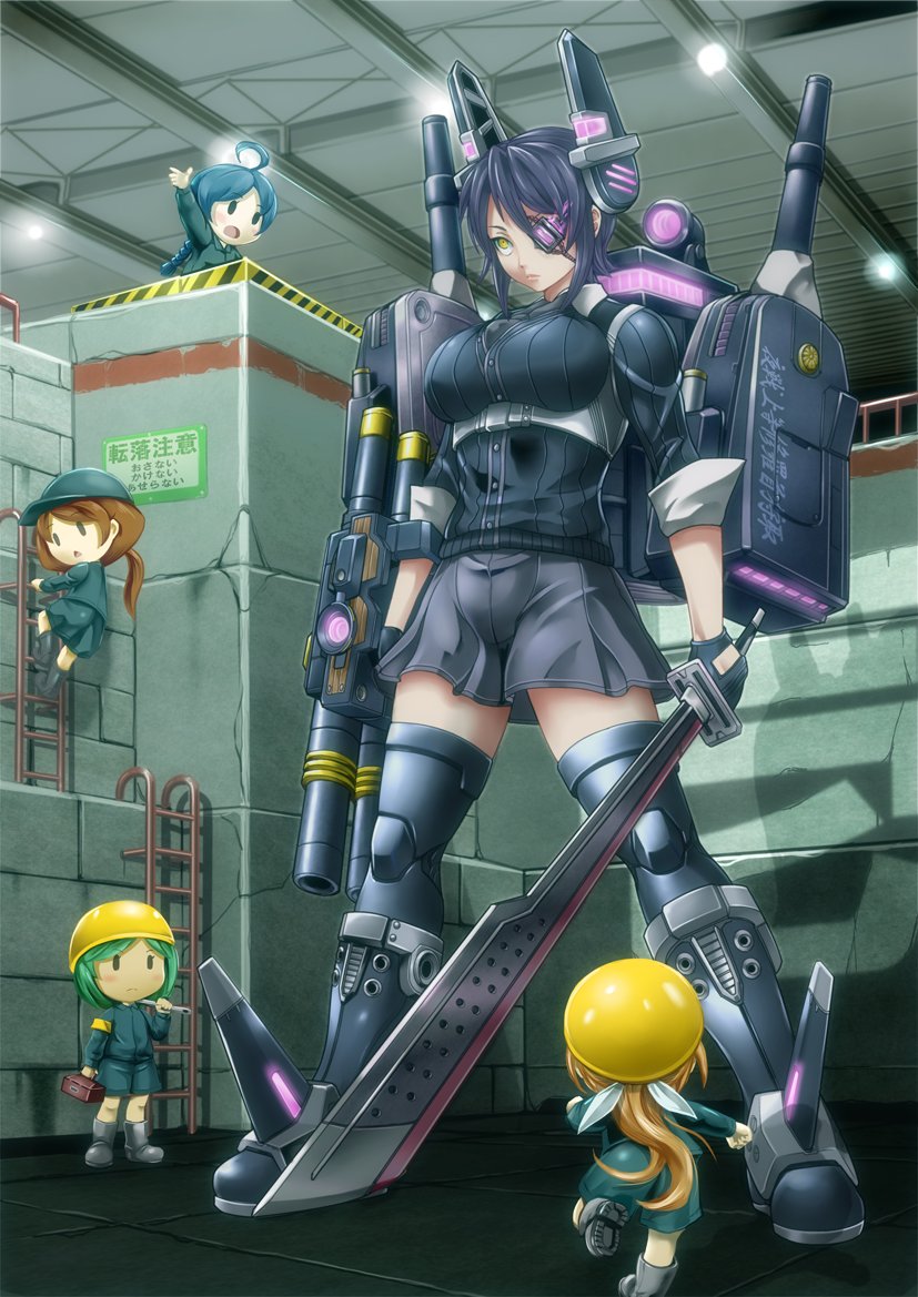 tenryuu, fairy, maintenance musume, and helmet musume (kantai collection) drawn by kamizono_(spookyhouse)