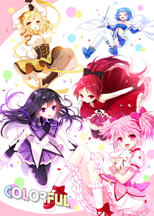 akemi homura, kaname madoka, miki sayaka, sakura kyoko, tomoe mami, and 1 more (mahou shoujo madoka magica) drawn by myoya