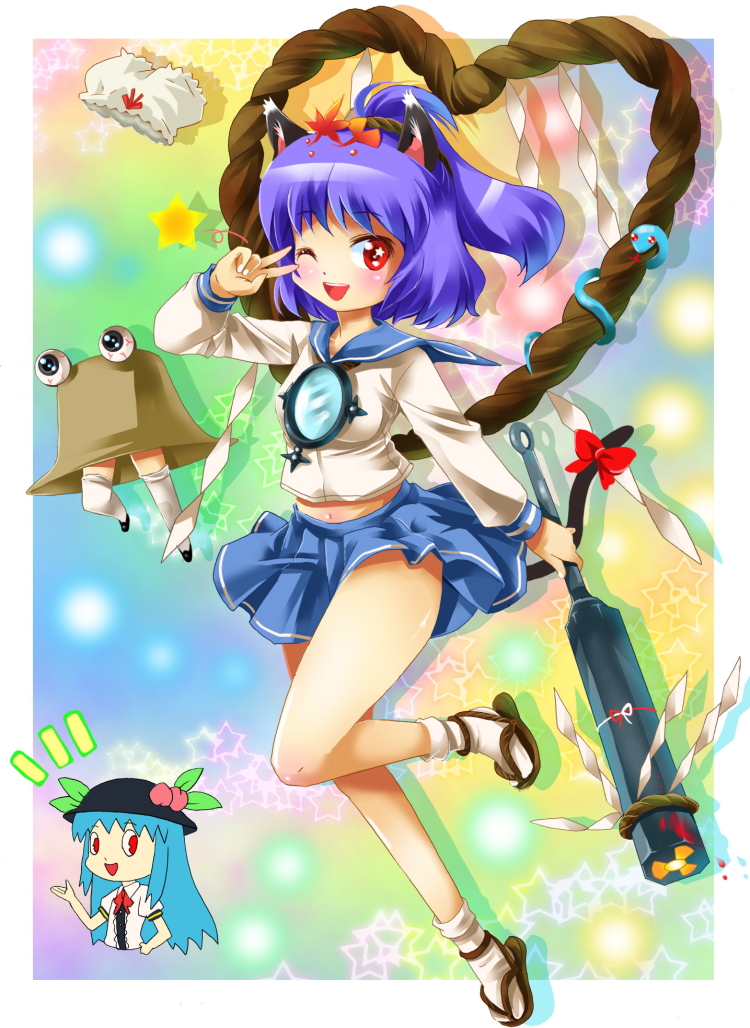 moriya suwako, hinanawi tenshi, yasaka kanako, and pyonta (touhou) drawn by michii_yuuki