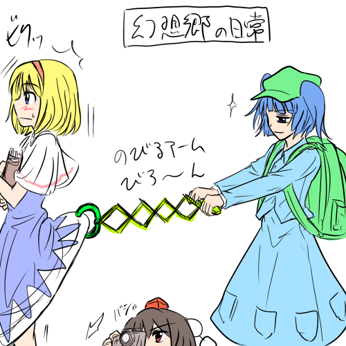 alice margatroid, shameimaru aya, and kawashiro nitori (touhou)