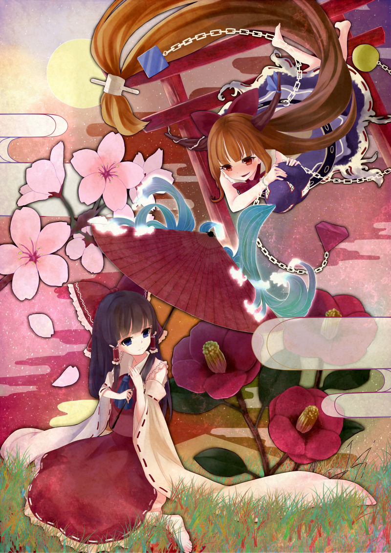 hakurei reimu and ibuki suika (touhou) drawn by kachayori