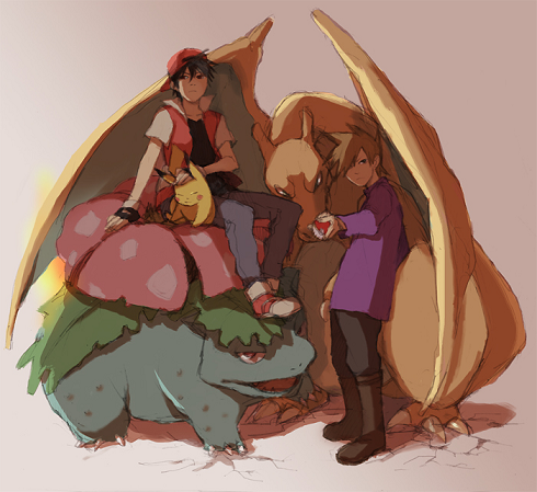 pikachu, red, blue oak, charizard, venusaur, and 1 more (pokemon and 1 more) drawn by maki_(mama-says)