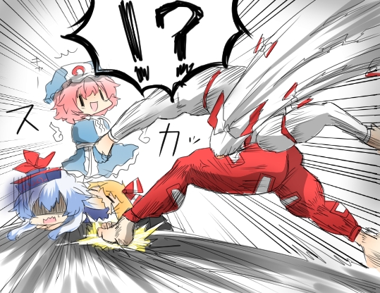 fujiwara no mokou, saigyouji yuyuko, rumia, and kamishirasawa keine (touhou and 1 more) drawn by rebecca_(keinelove)