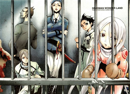 shiro, makina, igarashi ganta, takami you, and tamaki tsunenaga (deadman wonderland) drawn by kondou_kazuma