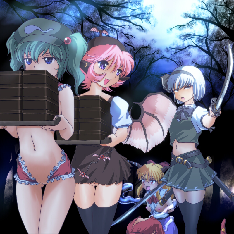 hakurei reimu, konpaku youmu, kawashiro nitori, mystia lorelei, ibuki suika, and 1 more (touhou) drawn by wancozow
