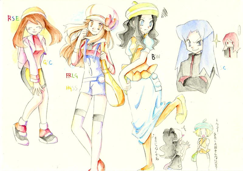 may, hilda, leaf, lyra, silver, and 2 more (pokemon and 5 more) drawn by kurara_ark