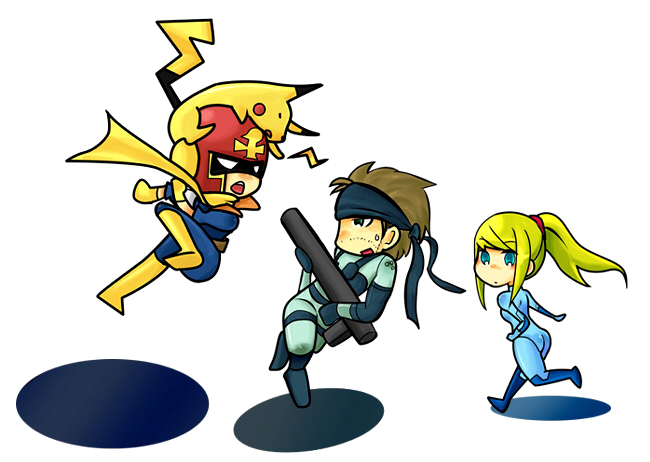 pikachu, samus aran, solid snake, and captain falcon (pokemon and 5 more)