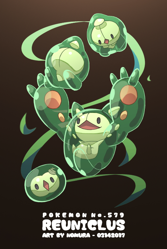 reuniclus, solosis, and duosion (pokemon) drawn by nomura_(arumon)