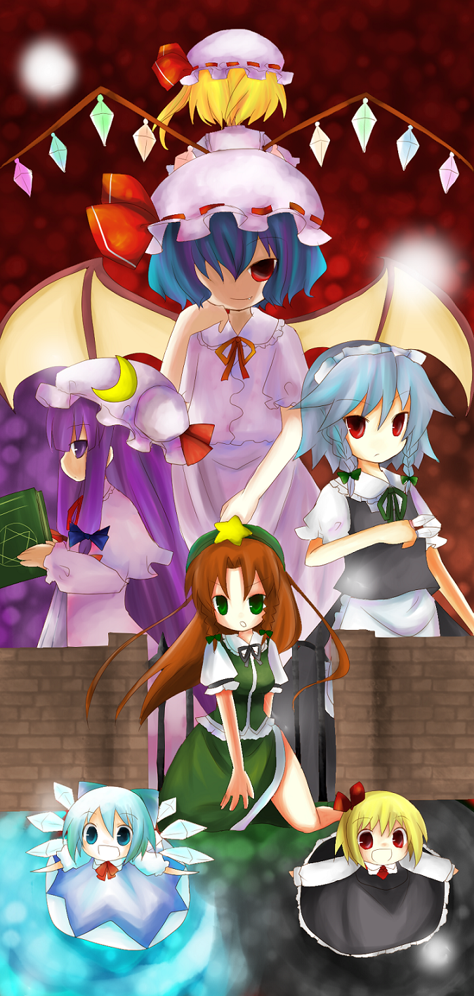remilia scarlet, flandre scarlet, izayoi sakuya, cirno, patchouli knowledge, and 2 more (touhou and 1 more) drawn by yuzuki_(yuduame)