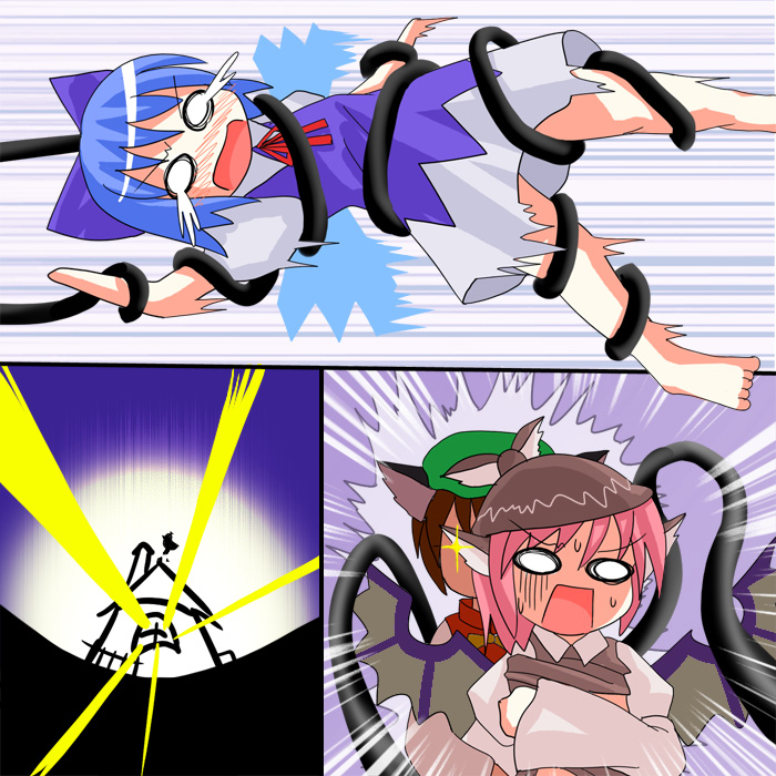 cirno, chen, and mystia lorelei (touhou) drawn by des_(namaasi)