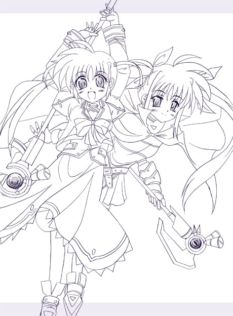 fate testarossa, takamachi nanoha, raising heart, and bardiche (lyrical nanoha and 2 more) drawn by takase_shin'ya