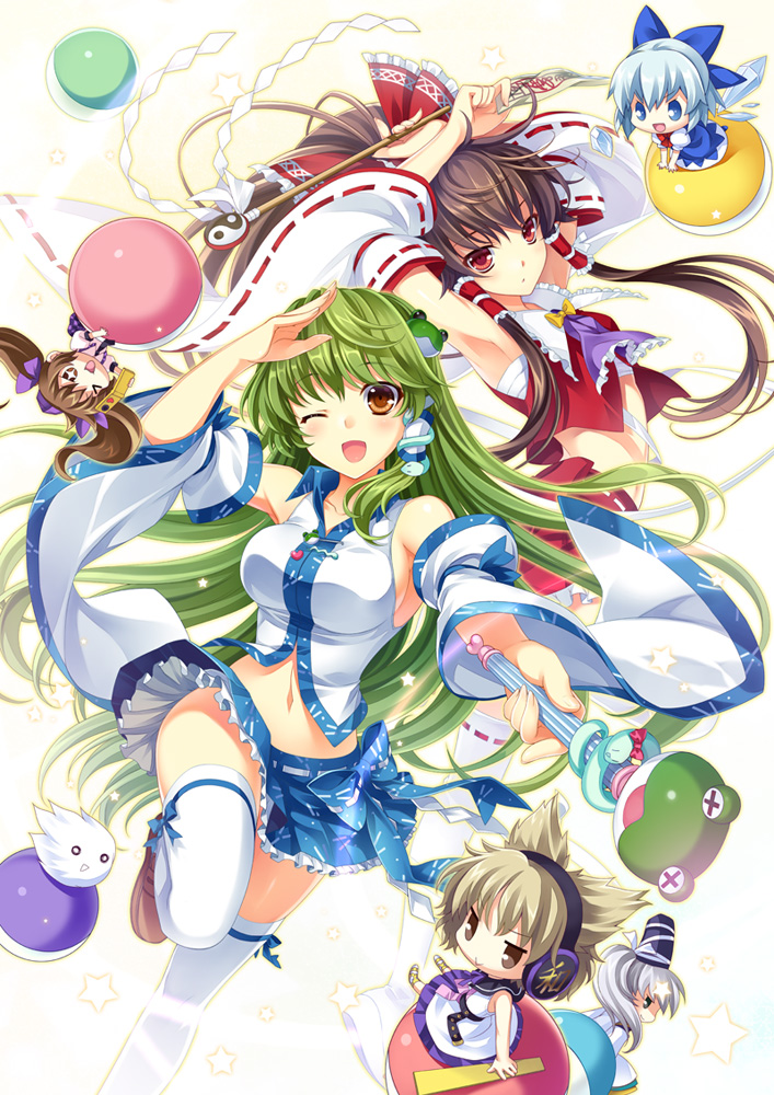 hakurei reimu, kochiya sanae, cirno, toyosatomimi no miko, mononobe no futo, and 2 more (touhou) drawn by riv_(rivleaf)