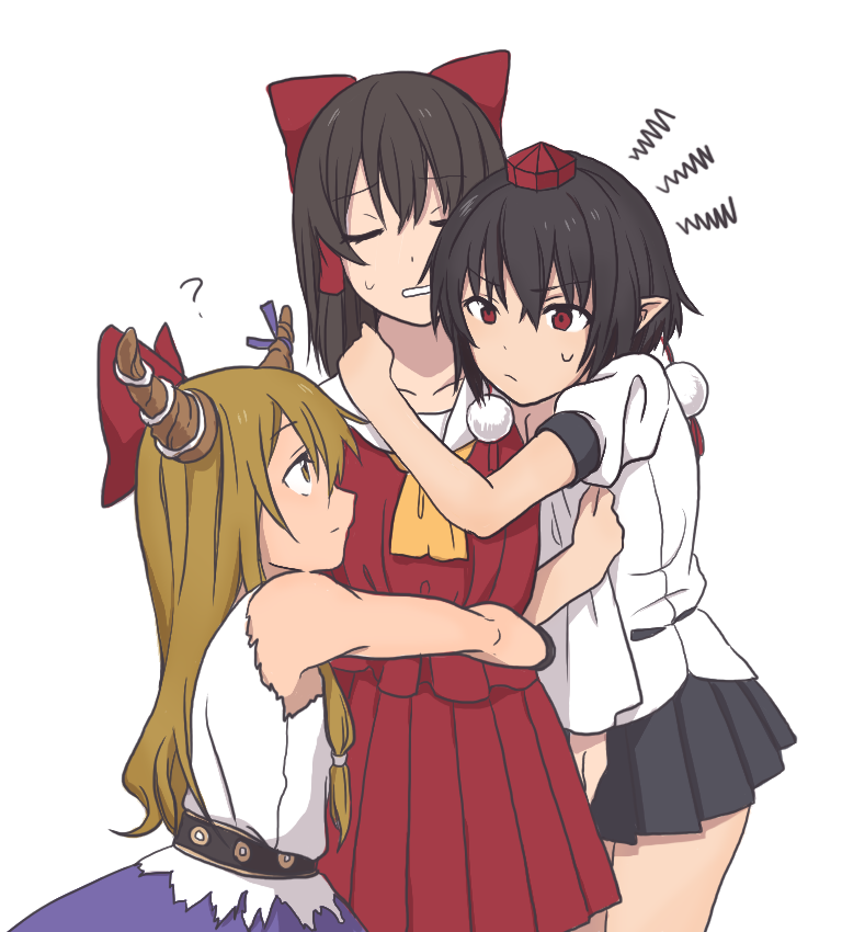 hakurei reimu, shameimaru aya, and ibuki suika (touhou) drawn by toujou_(toujou_ramen)