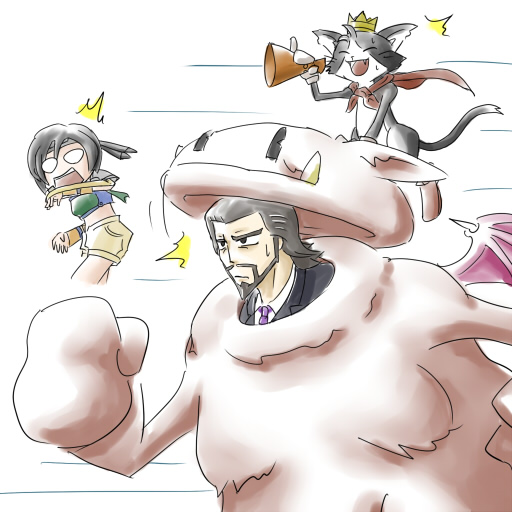 yuffie kisaragi, moogle, cait sith, and reeve tuesti (final fantasy and 1 more) drawn by maru_isu