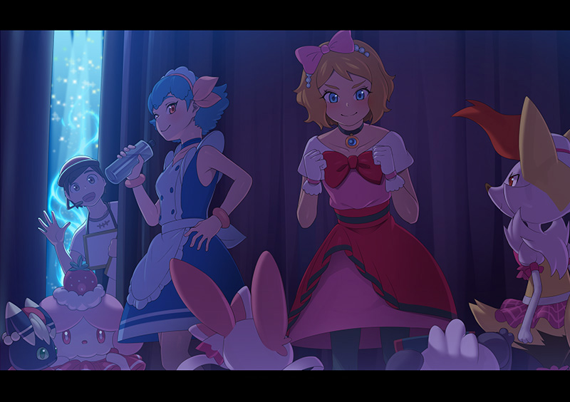 serena, sylveon, braixen, meowstic, pancham, and 2 more (pokemon and 1 more) drawn by notori_d