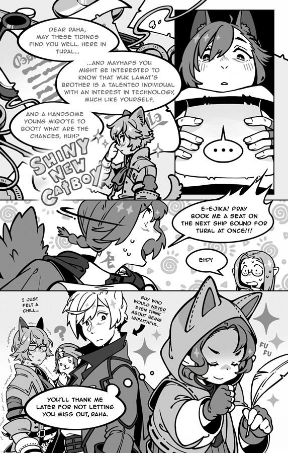 warrior of light, g'raha tia, krile baldesion, wuk lamat, koana, and 1 more (final fantasy and 1 more) drawn by endy