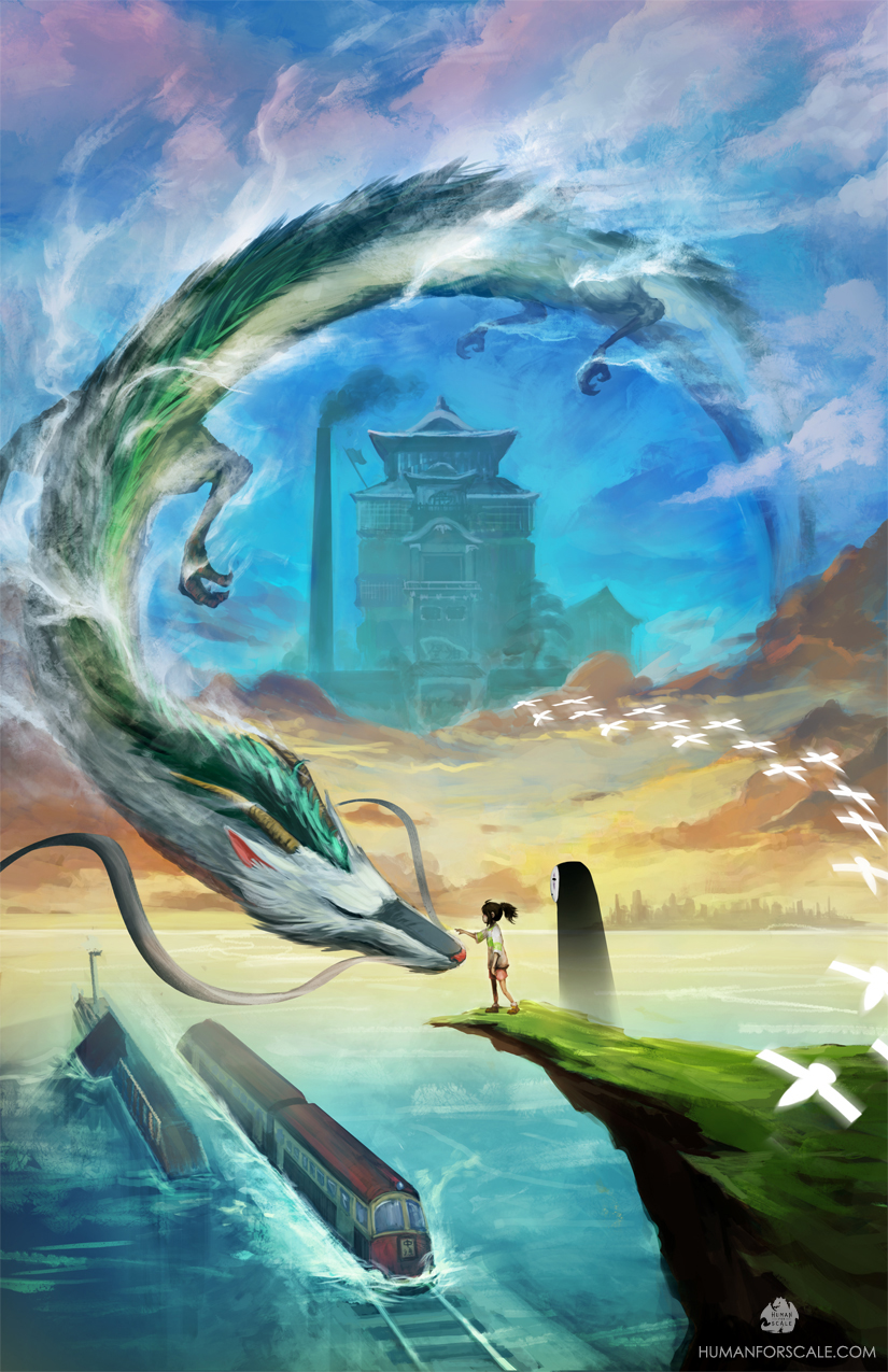 ogino chihiro, haku, and kaonashi (sen to chihiro no kamikakushi) drawn by emory_(human4scale)