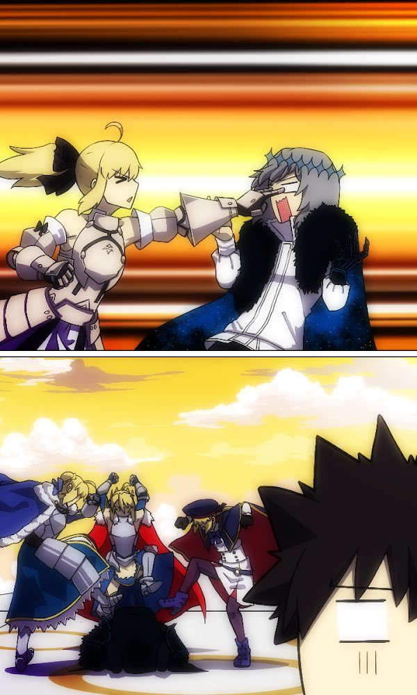 artoria pendragon, saber, fujimaru ritsuka, artoria caster, oberon, and 1 more (fate and 1 more) drawn by lazyartlazy12