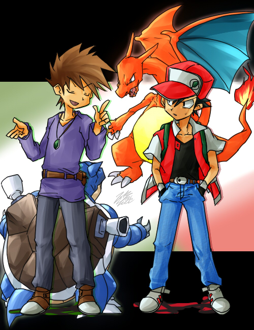 red, blue oak, charizard, and blastoise (pokemon and 1 more) drawn by piu