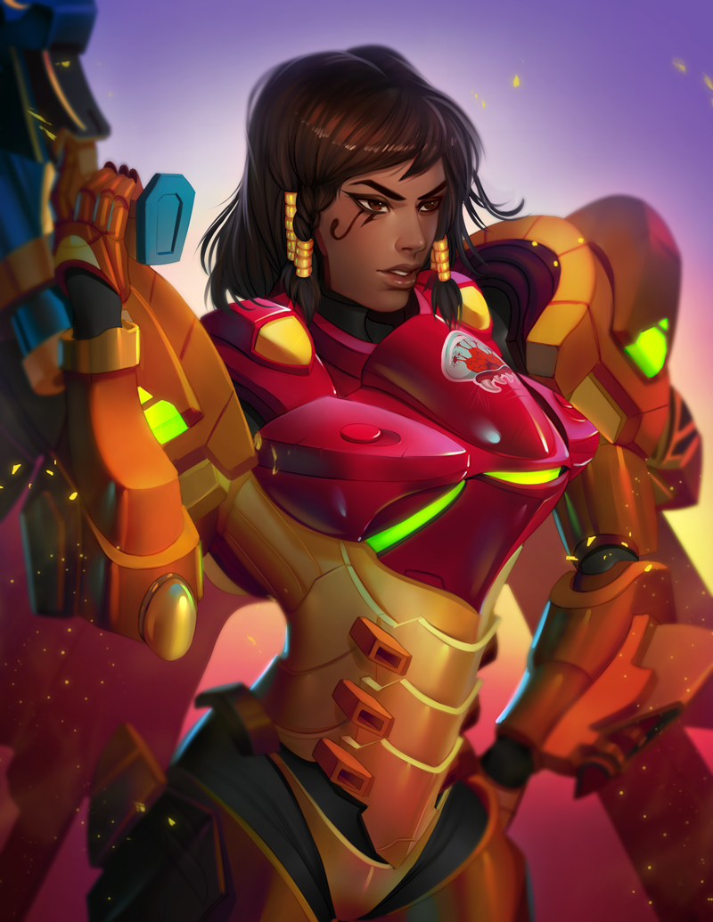 samus aran, pharah, metroid, and metroid larva (overwatch and 2 more) drawn by amber_harris