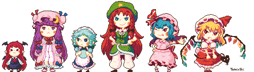 remilia scarlet, flandre scarlet, izayoi sakuya, patchouli knowledge, hong meiling, and 1 more (touhou and 1 more) drawn by tomirski