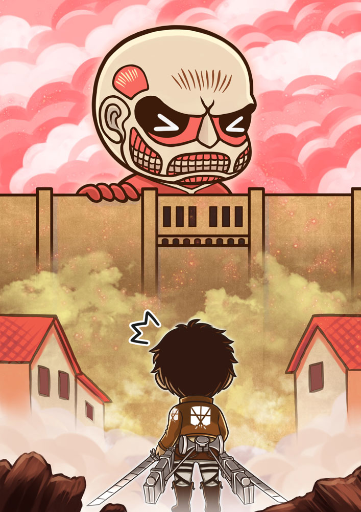 eren yeager, titan, and colossal titan (shingeki no kyojin) drawn by windgun