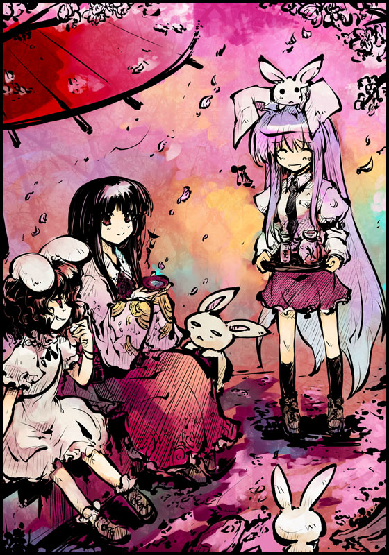 reisen udongein inaba, houraisan kaguya, and inaba tewi (touhou) drawn by tokiame