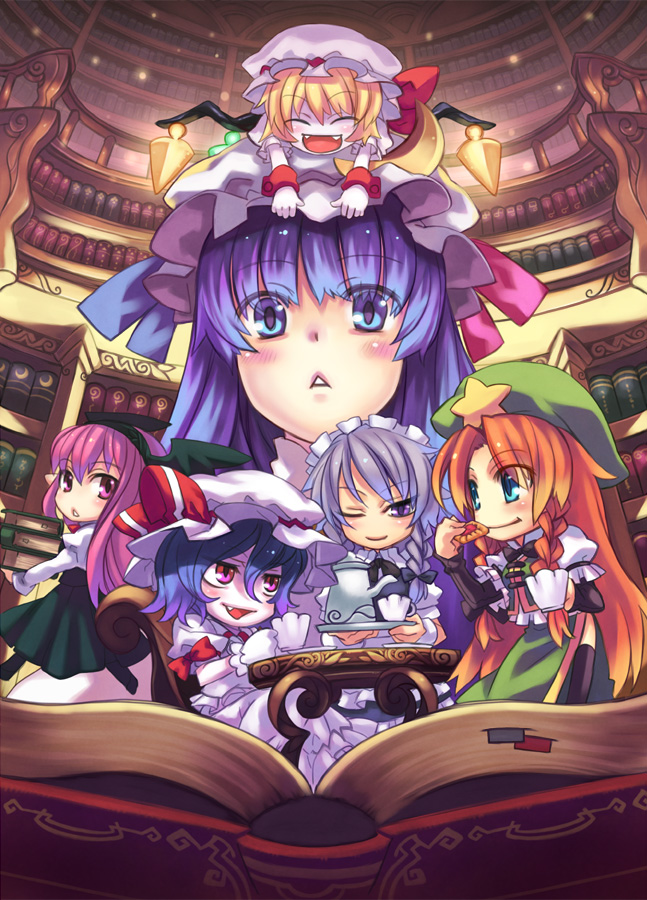remilia scarlet, flandre scarlet, izayoi sakuya, patchouli knowledge, hong meiling, and 1 more (touhou) drawn by rumie