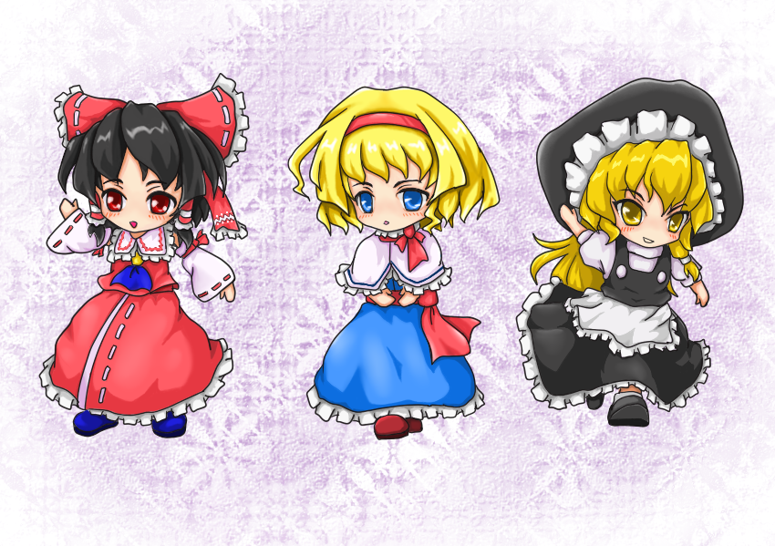 hakurei reimu, kirisame marisa, and alice margatroid (touhou) drawn by kinokobakudan