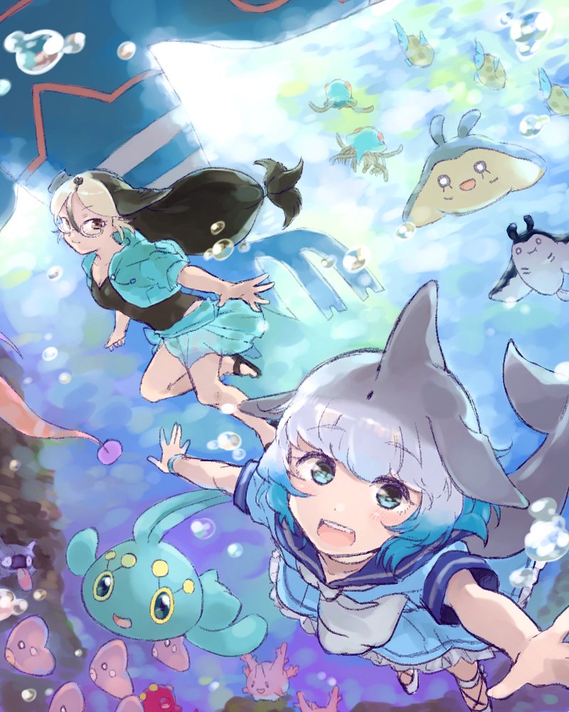 luvdisc, kyogre, corsola, manaphy, common bottlenose dolphin, and 9 more (pokemon and 2 more) drawn by moeki_(moeki0329)
