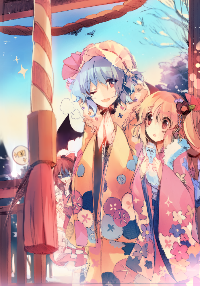 hakurei reimu, remilia scarlet, and flandre scarlet (touhou) drawn by kirero