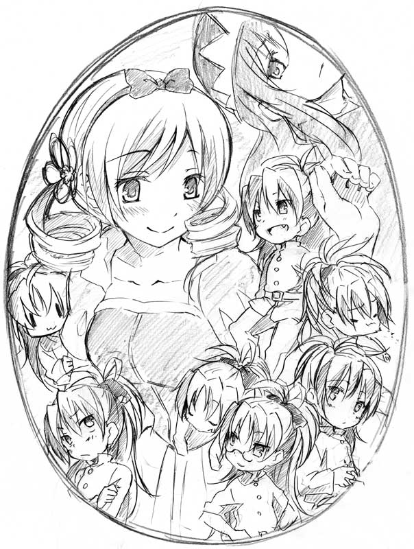 akemi homura, sakura kyoko, tomoe mami, and snow white (mahou shoujo madoka magica and 1 more) drawn by renji_(orange_ize)