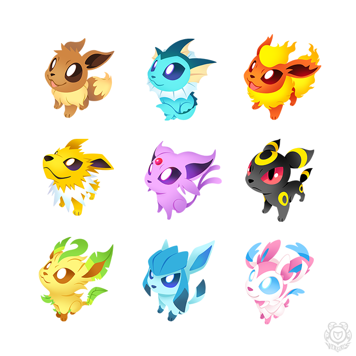 eevee, sylveon, umbreon, glaceon, vaporeon, and 4 more (pokemon and 1 more) drawn by versiris