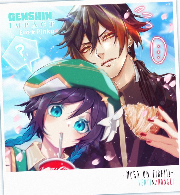 zhongli and venti (genshin impact and 1 more) drawn by ero_pinku
