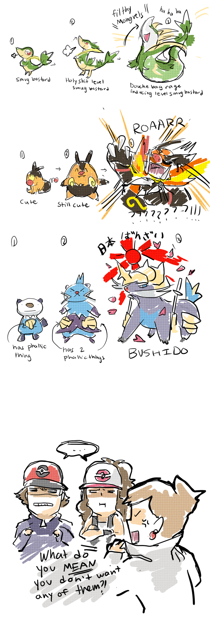 hilda, hilbert, oshawott, snivy, tepig, and 7 more (pokemon and 1 more) drawn by njike