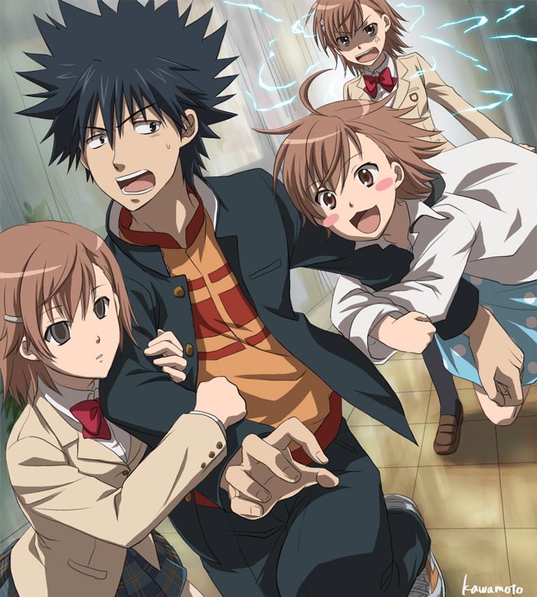 misaka mikoto, kamijou touma, last order, misaka imouto, and misaka imouto 10032 (toaru majutsu no index and 1 more) drawn by kawamoto_renge