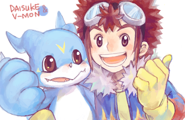 v-mon and motomiya daisuke (digimon and 1 more) drawn by ayame_(artist)