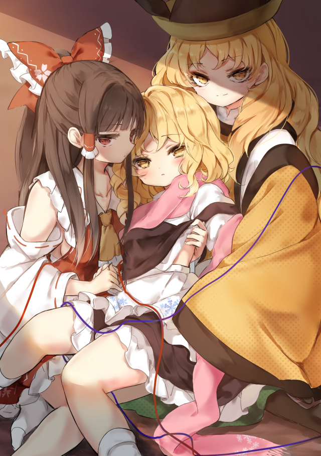 hakurei reimu, kirisame marisa, and matara okina (touhou and 1 more) drawn by piyokichi
