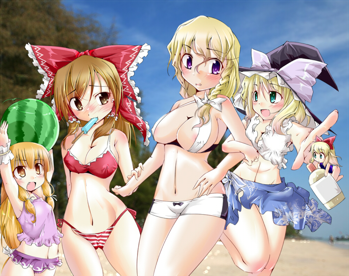 hakurei reimu, kirisame marisa, alice margatroid, ibuki suika, and shanghai doll (touhou) drawn by sesield