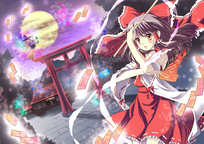 hakurei reimu and kirisame marisa (touhou) drawn by kanou_aira