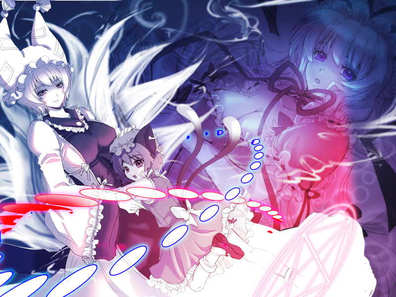 yakumo yukari, yakumo ran, and chen (touhou) drawn by shima_chiyo