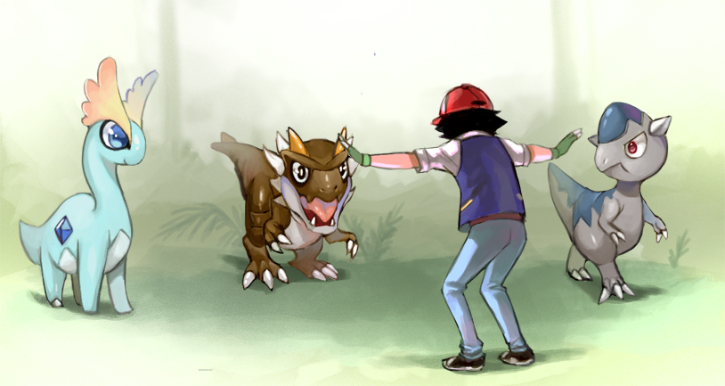 ash ketchum, cranidos, amaura, and tyrunt (pokemon and 2 more) drawn by syncaidia