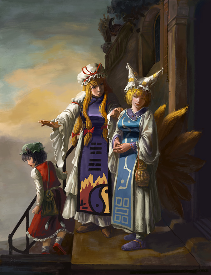 yakumo yukari, yakumo ran, and chen (touhou and 1 more) drawn by amibazh