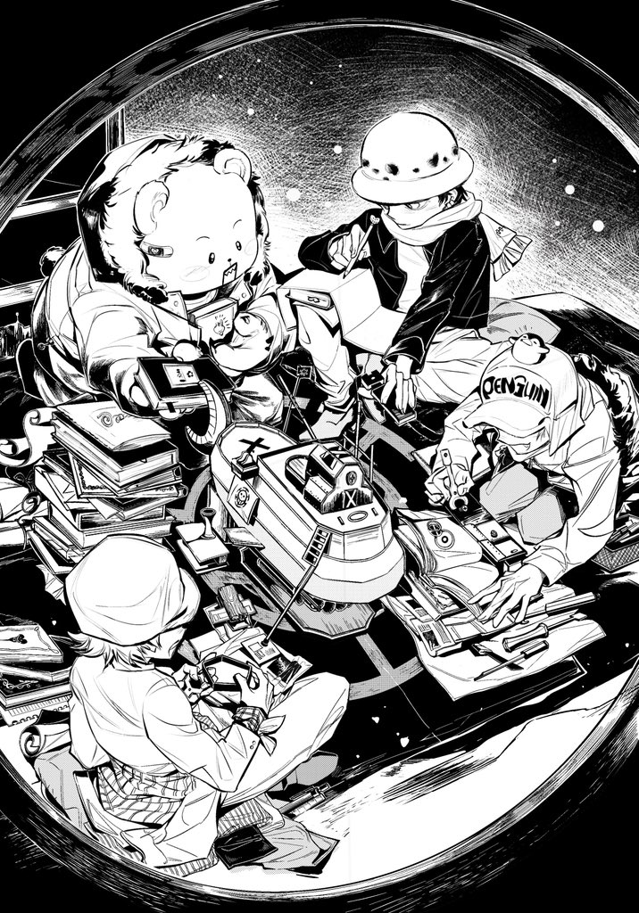 trafalgar law, bepo, penguin, shachi, and polar tang (one piece) drawn by toongue
