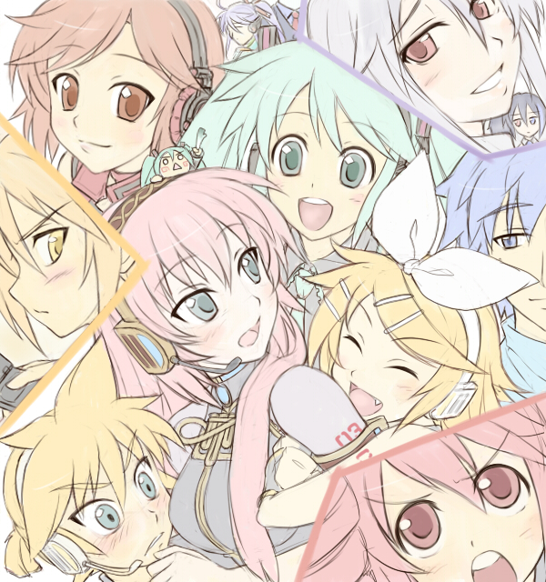 hatsune miku, kagamine rin, kagamine len, megurine luka, kasane teto, and 8 more (vocaloid and 1 more) drawn by satogo