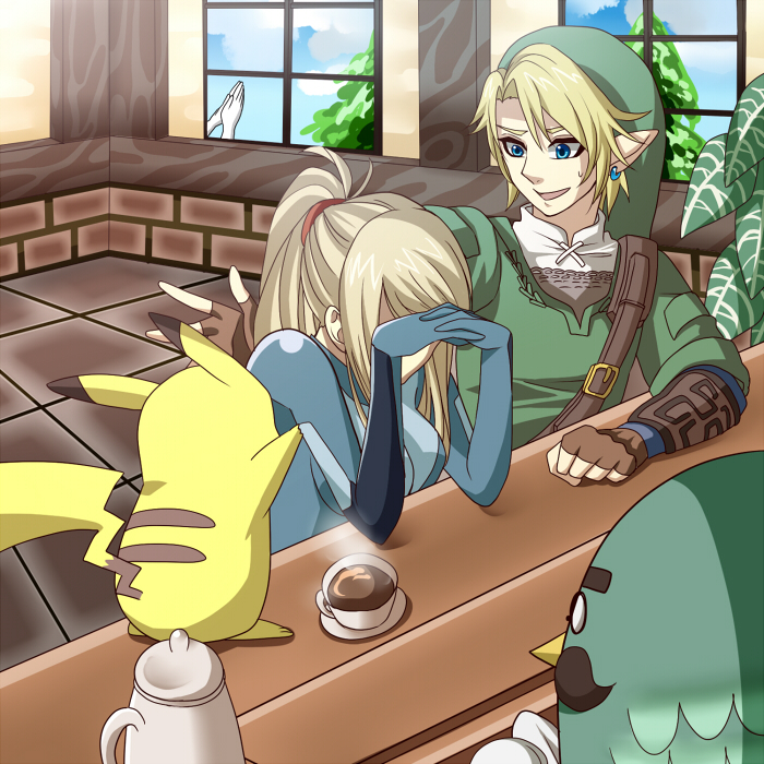 link, pikachu, samus aran, wii fit trainer, and brewster (pokemon and 5 more) drawn by kudakeru