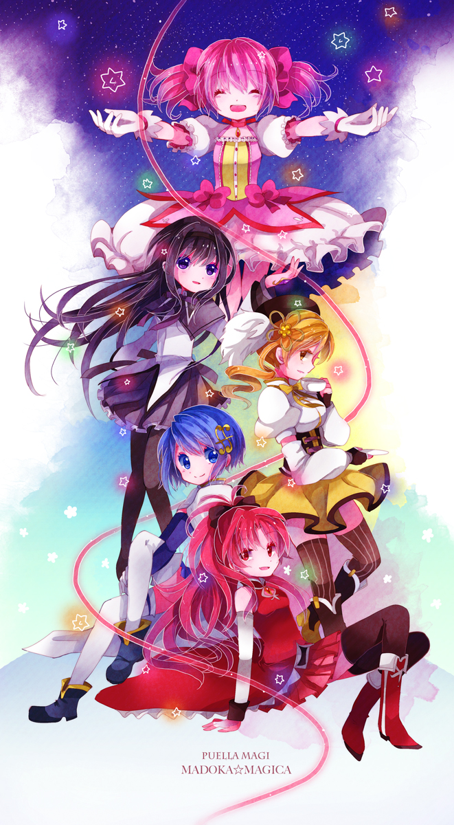 akemi homura, kaname madoka, miki sayaka, sakura kyoko, and tomoe mami (mahou shoujo madoka magica and 1 more) drawn by efu