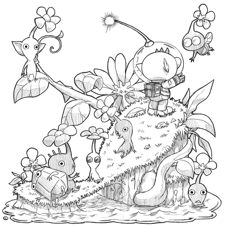 red pikmin, olimar, yellow pikmin, blue pikmin, purple pikmin, and 3 more (pikmin) drawn by naru_(wish_field)